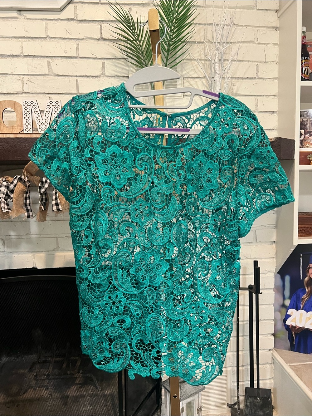 Source Unknown Teal Crochet Lace Short Sleeve Blouse